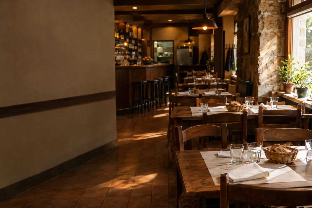 Comedor de un restaurante familiar, vacío y preparado antes del servicio de comidas, con luz de mediodía.