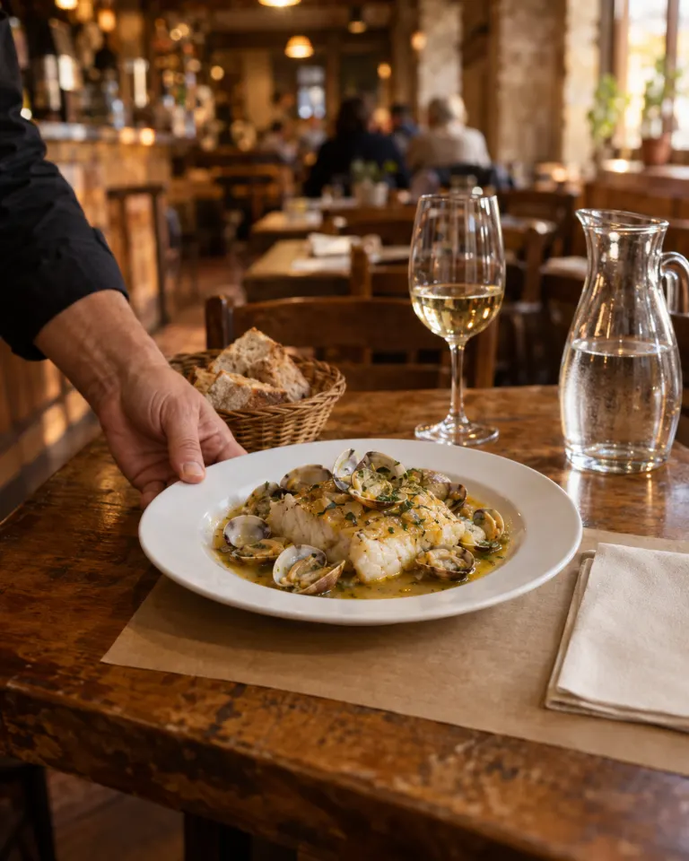 Mano de un camarero dejando en la mesa un plato de merluza a la sidra con almejas, con pan y una jarra de agua.
