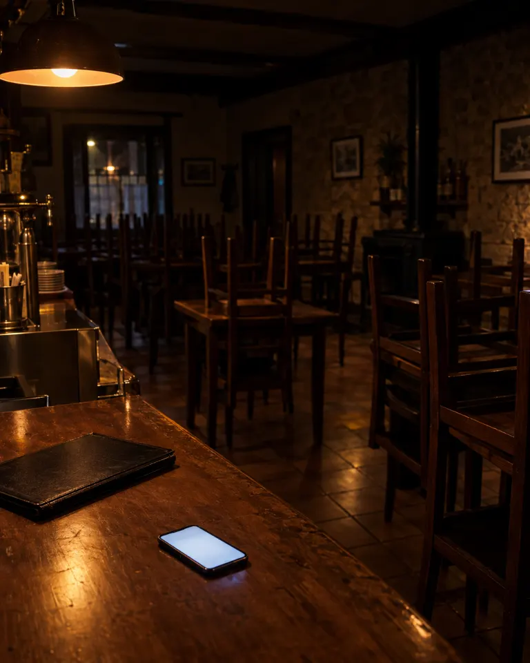 Bar-restaurante cerrado de noche, con las sillas sobre las mesas y un móvil iluminado en la barra.
